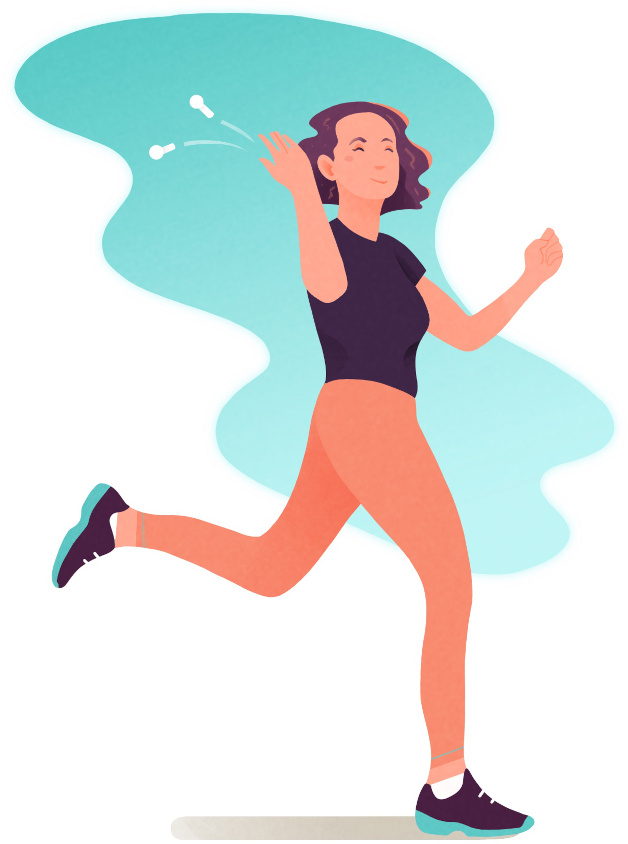 Illustration for balanced lifestyle and running. A runner has a casual pose, and smiling, tosses her earbuds over her shoulder.